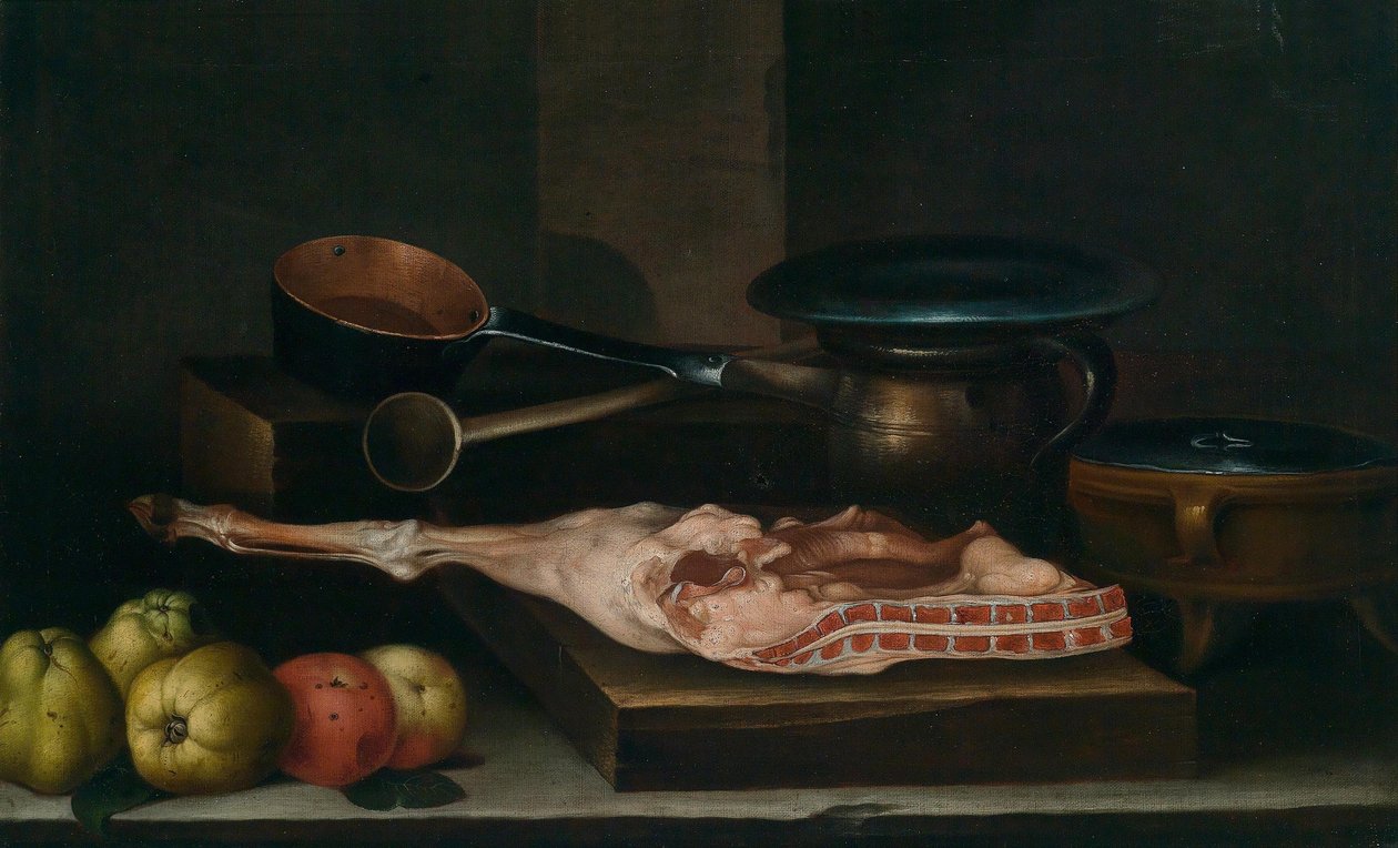 Küchenstillleben mit Töpfen, Pfannen, Äpfeln und einem Schweinebein von Martin Dichtl