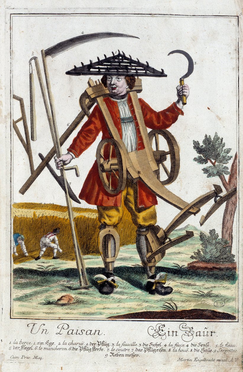 Ein Bauer. Gravur von Martin Engelbrecht (1684-1756), in „Neue Versammlung der manouvries habilles“ 18. Jahrhundert, Deutschland. Paris, Decorative Arts von Martin Engelbrecht