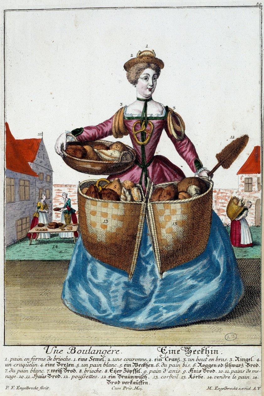 Beruf: Ein Bäcker. Gravur von Martin Engelbrecht (1684-1756), in "Neue Versammlung der bekleideten Handwerker" 18. Jahrhundert, Deutschland. Paris, Dekorative Künste von Martin Engelbrecht