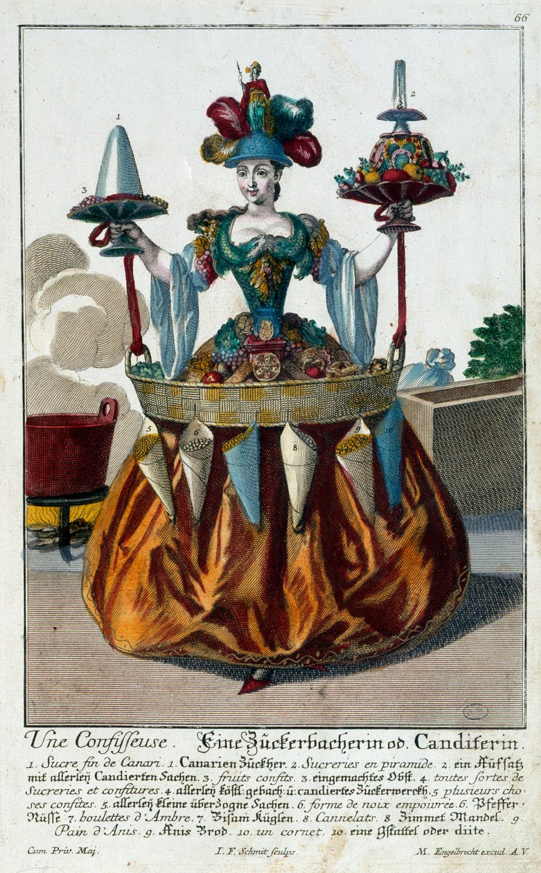 Die Konditorin: eine junge Frau hält ein Tablett mit Süßigkeiten und Konfekt. Gravur von Martin Engelbrecht (1684-1756) 18. Jahrhundert. Paris, Kunstgewerbemuseum von Martin Engelbrecht