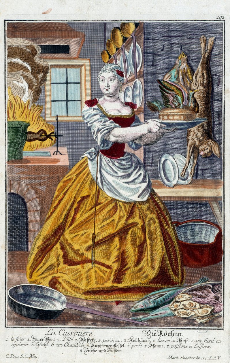 Der Koch. Gravur von Martin Engelbrecht (1684-1756), in „Neue Versammlung der manouvries habilles“ 18. Jahrhundert, Deutschland. Paris, Kunstgewerbemuseum von Martin Engelbrecht
