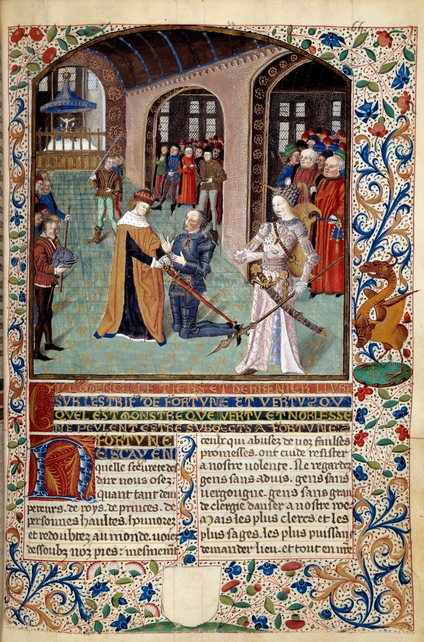 Allegorie der Tugend: Vasall, der seinem Herrn in Anwesenheit der Tugend Tribut zollt. Miniatur aus "Der Geist von Fortuna und Tugend" von Martin Le Franc (1410-1461) 1447-1448, Paris B.N. von Martin Le Franc