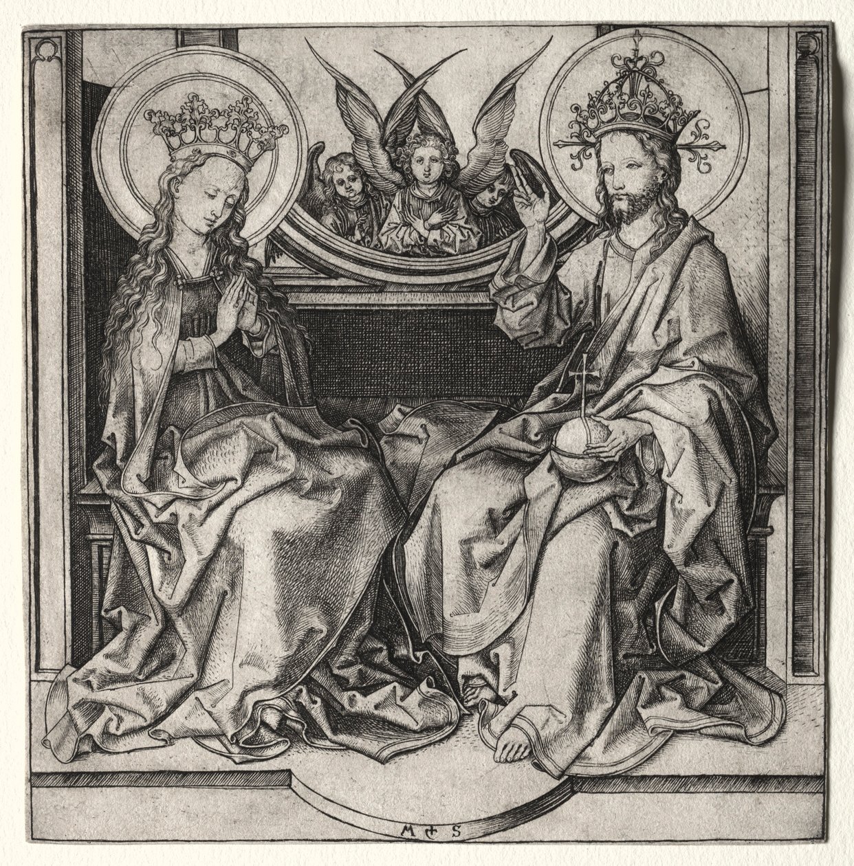 Gottvater und die selige Jungfrau auf dem Thron, begleitet von Engeln, ca. 1480-90 von Martin Schongauer