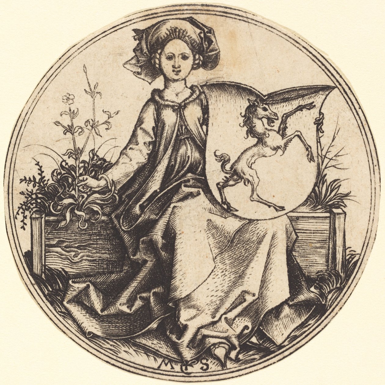 Schild mit Einhorn, gehalten von Frau von Martin Schongauer