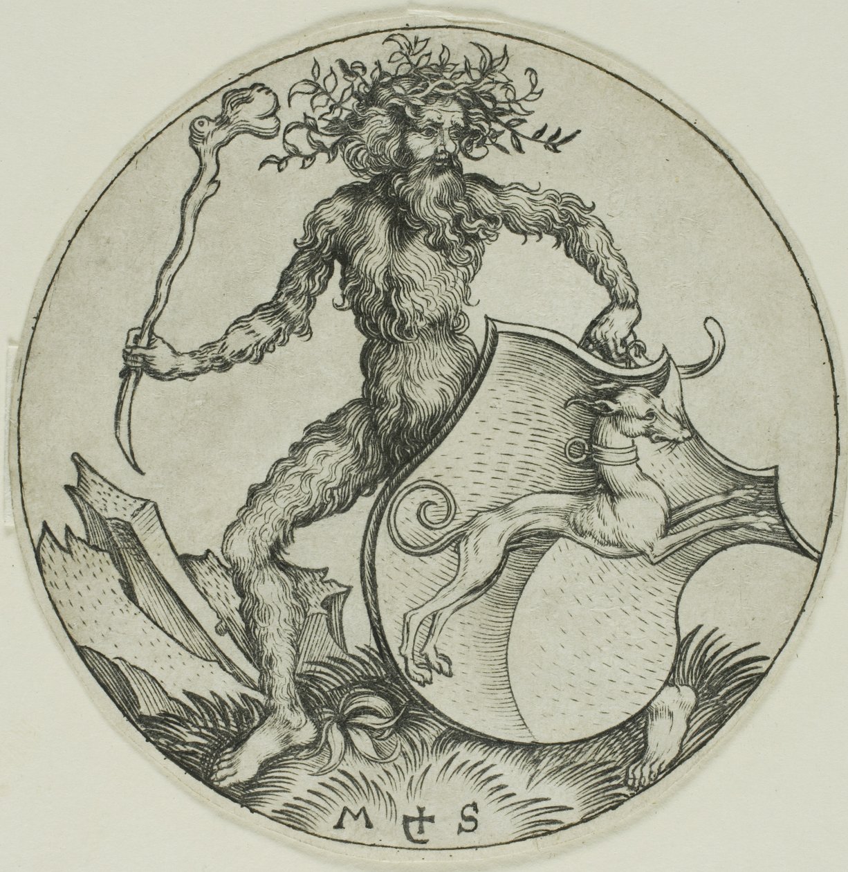 Schild mit einem Windhund, gehalten von einem wilden Mann von Martin Schongauer