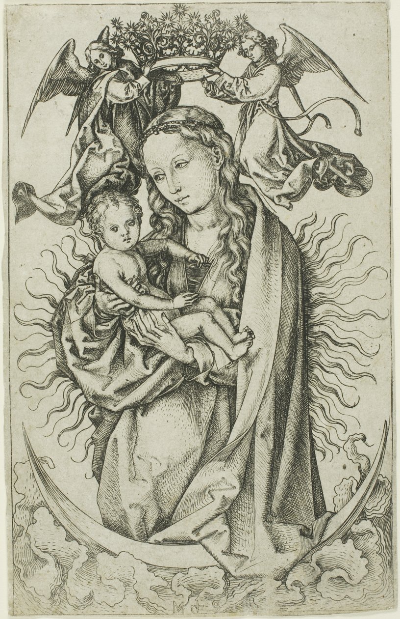 Die Madonna auf der Mondsichel, gekrönt von zwei Engeln von Martin Schongauer