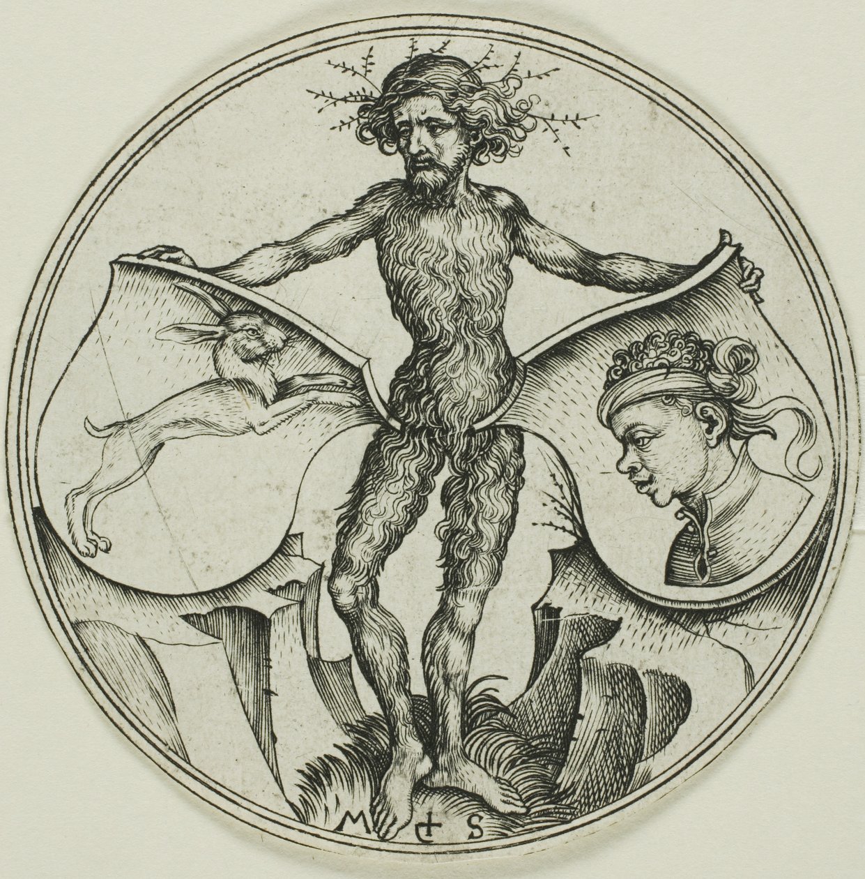 Zwei Schilde mit einem Hasen und einem Mohrenkopf, gehalten von einem wilden Mann von Martin Schongauer