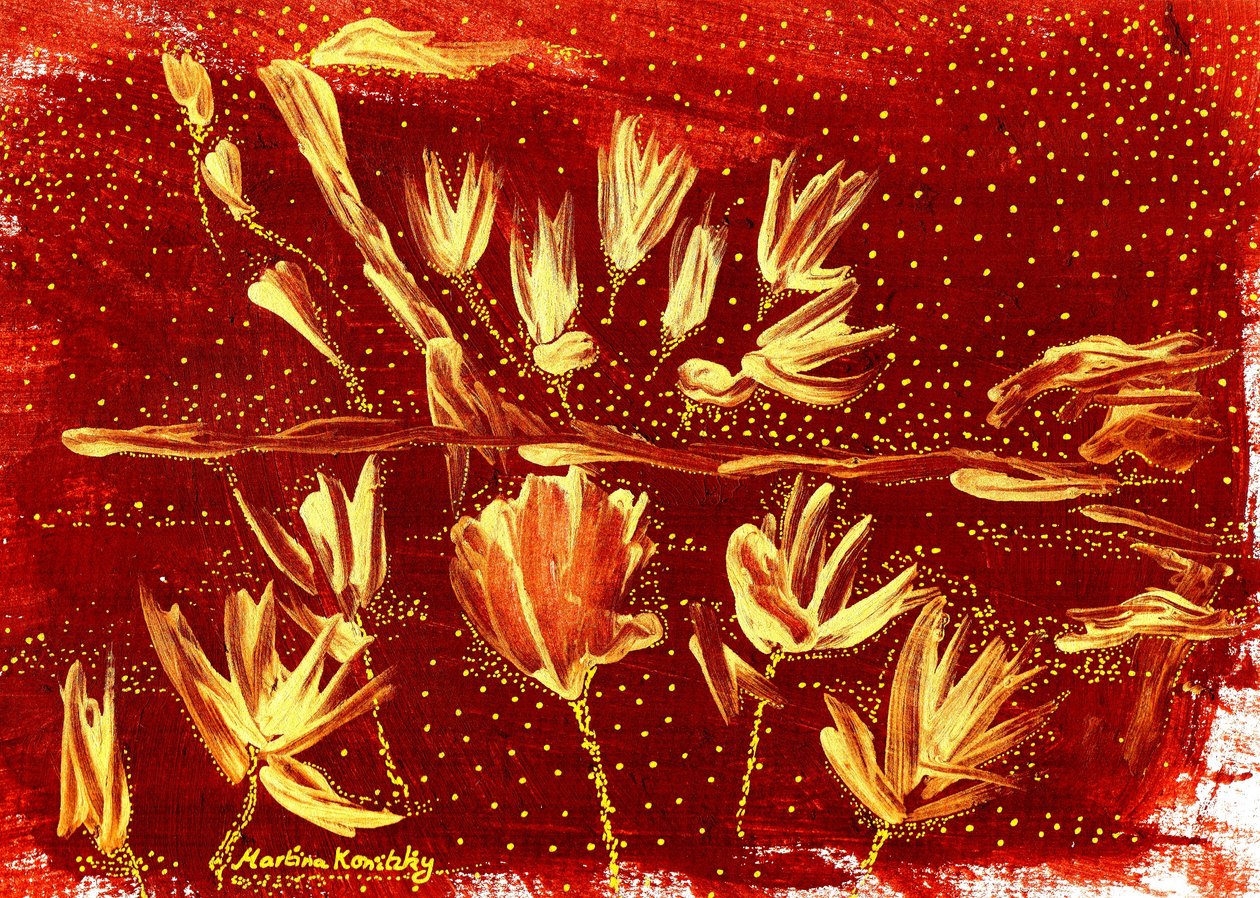 Landschaft mit Blumen und Sternenhimmel Braun Gold von Martina Konitzky