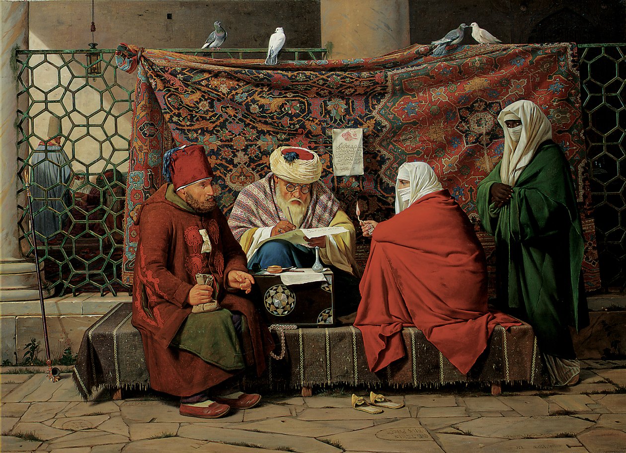Ein türkischer Notar, der vor der Kilic Ali Pasha Moschee in Tophane, Konstantinopel, 1837, einen Ehevertrag aufsetzt von Martinus Rorbye