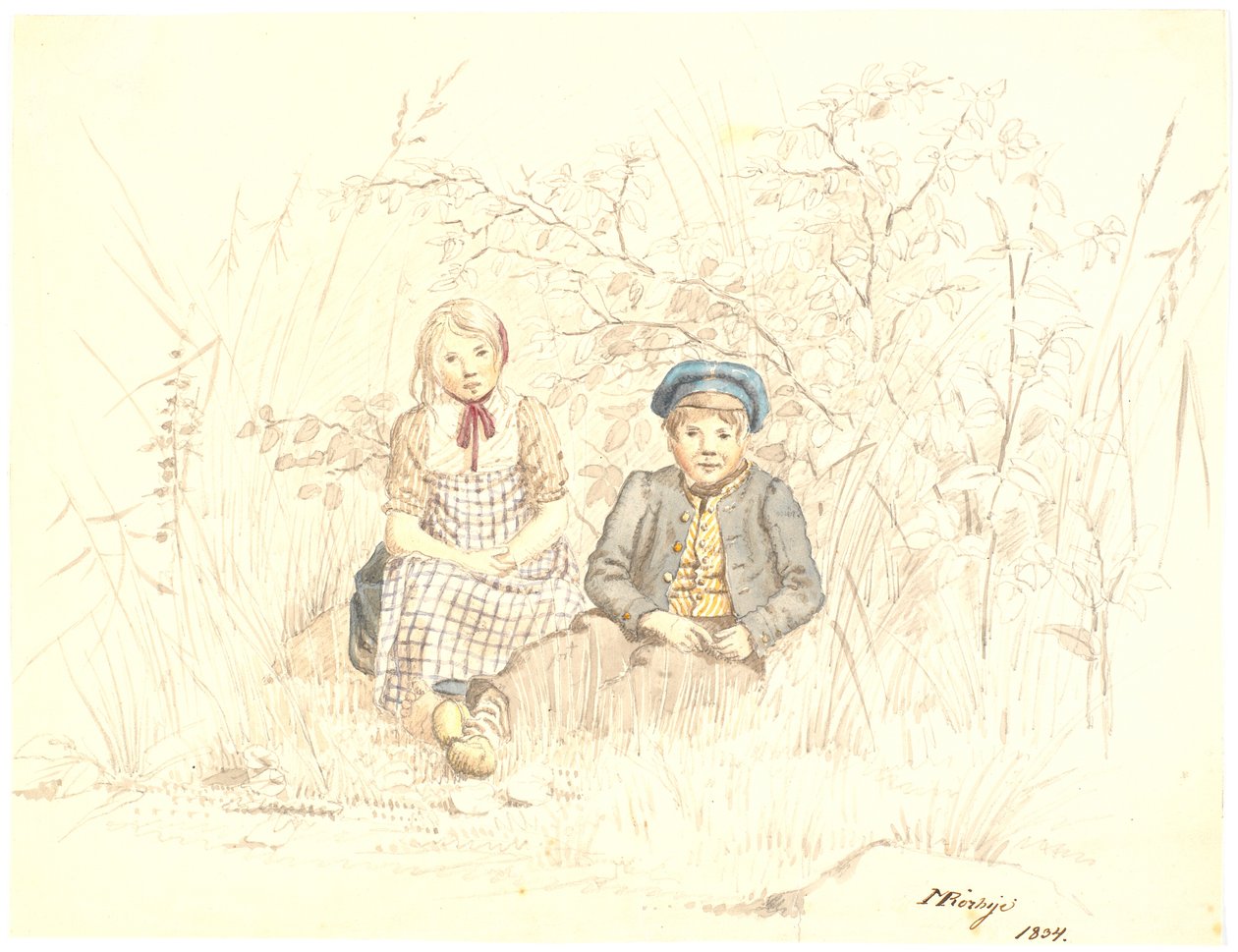 Junge und Mädchen sitzen im Grünen von Martinus Rørbye
