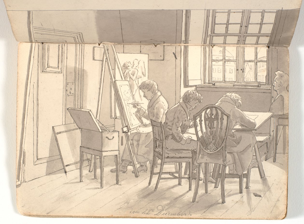 Innenraum der Akademie mit malenden und zeichnenden Künstlern von Martinus Rørbye