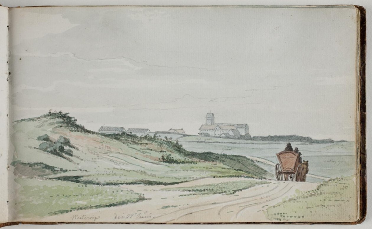 Aussicht auf eine Landschaft. Im Vordergrund ein Feldweg mit einem Pferdewagen; im Hintergrund Häuser und eine Kirche von Martinus Rørbye