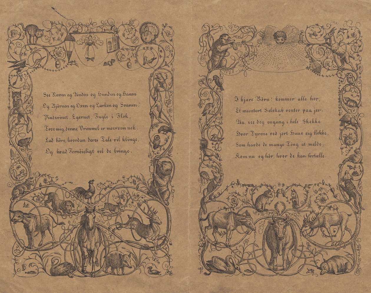 Zwei Umschläge mit verschlungenem Kettenornament mit Tieren für "Halvhundrede Fabler for Børn" mit Schrift von Martinus Rørbye