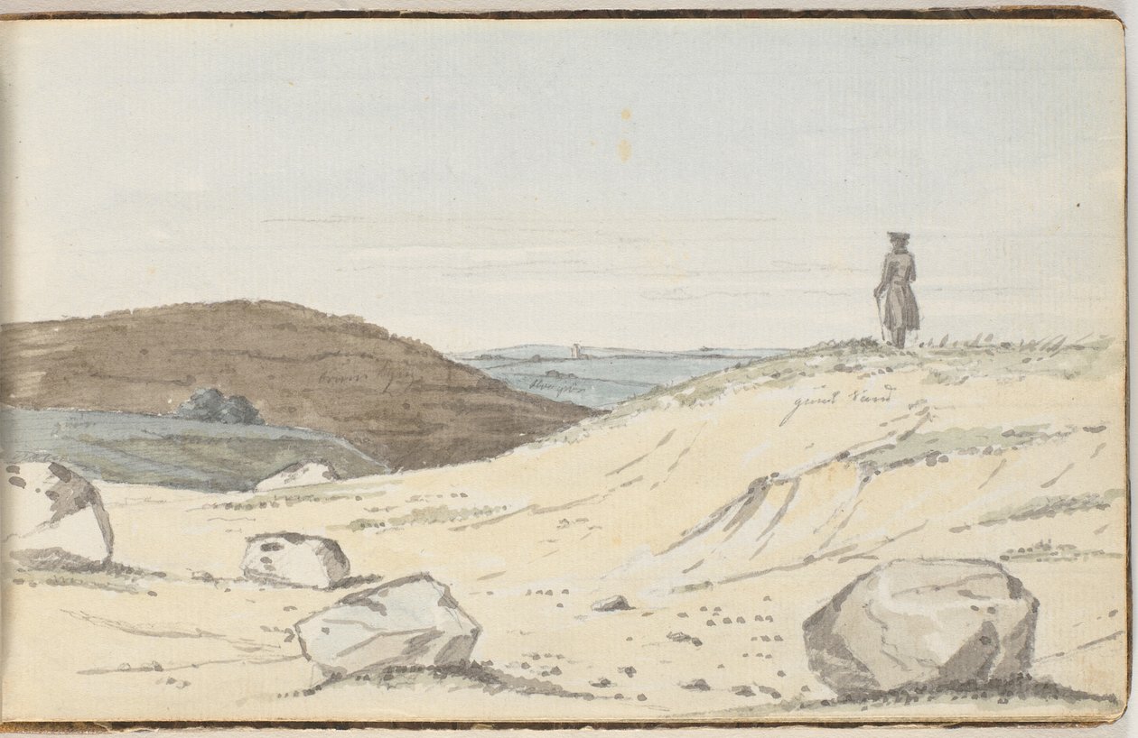Aussicht über eine Heide- oder Dünenlandschaft. Im Vordergrund einige große Hügel; auf einem von ihnen steht ein Mann und schaut über die Ebene von Martinus Rørbye
