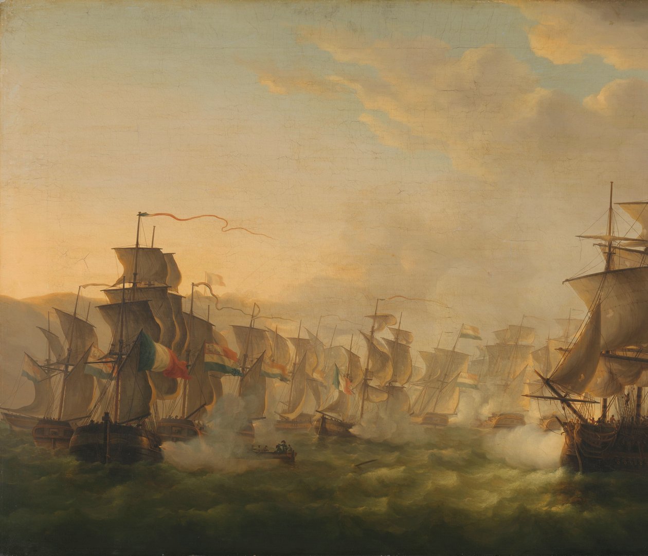 Zusammenstoß der niederländischen und britischen Flotten während der Passage der niederländischen Flottille nach Boulogne (1804) von Martinus Schouman (signed by artist)