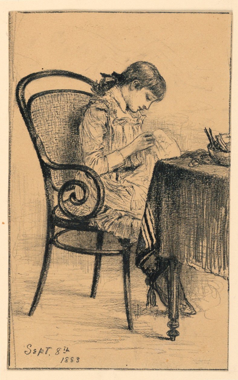 Zeichnung, Marian beim Nähen, 1883 von Mary A. Hallock Foote