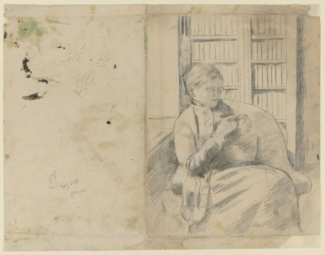 Stricken in der Bibliothek recto, Stricken in der Bibliothek verso, ca. 1881 von Mary Cassatt