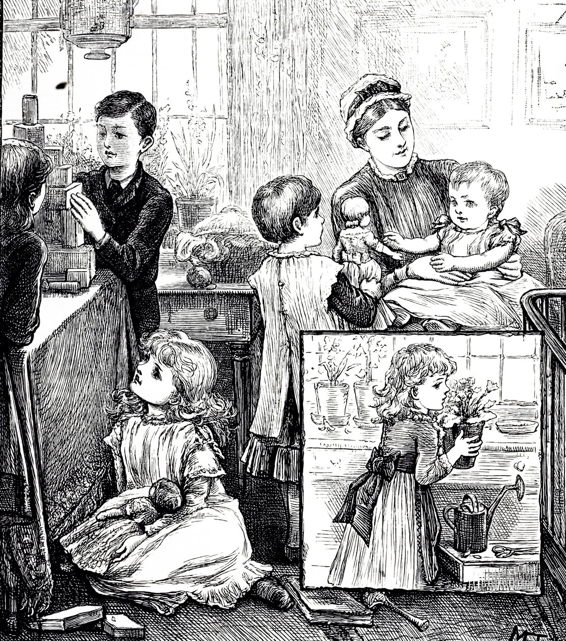 Eine Gravur, die eine reguläre Szene einer wohlhabenden viktorianischen Familie zeigt von Mary Ellen Edwards