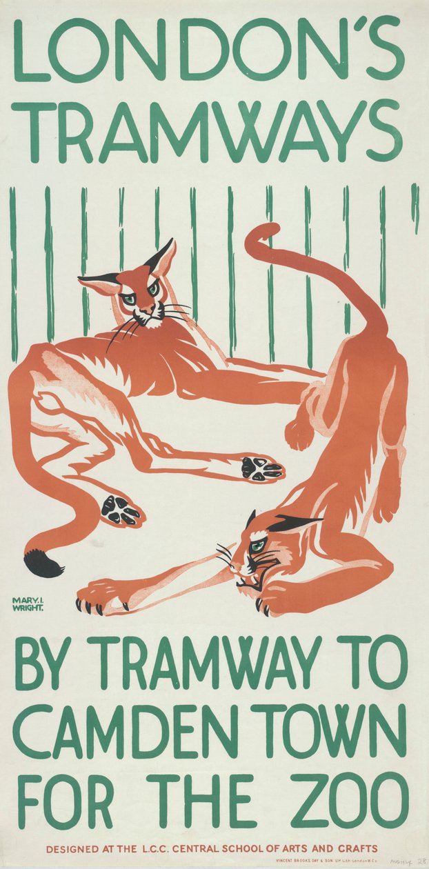 Mit der Straßenbahn nach Camden Town für den Zoo, London County Council LCC Straßenbahnplakat, 1924 von Mary I Wright