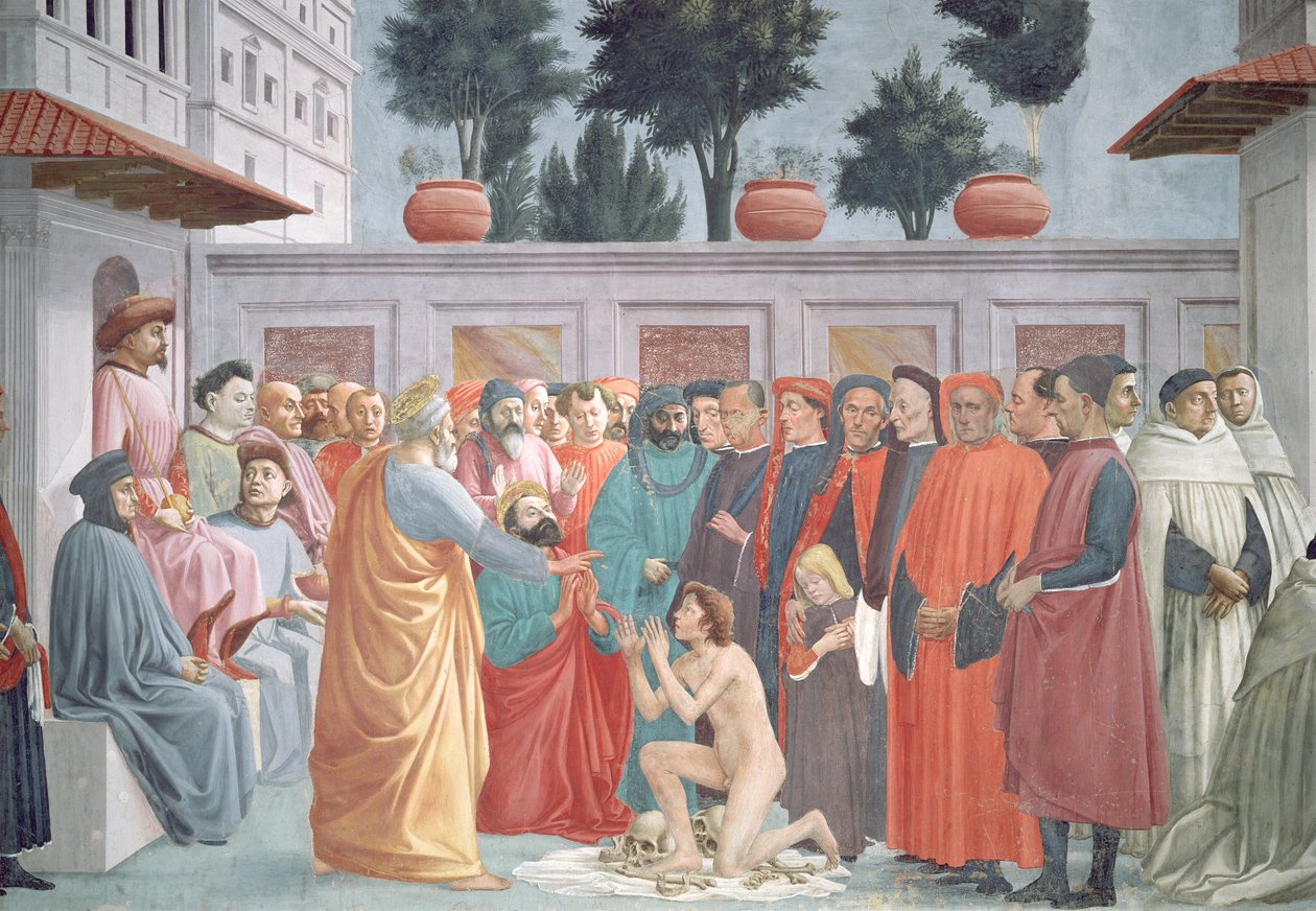 Die Auferstehung des Theophilus, des Sohnes des Königs von Antiochia, aus dem unteren linken Register der Kapelle, ca. 1425-27, vollendet 1484-85 (Detail) von Filippino Lippi
