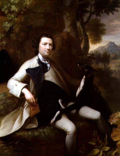 Francis Popham (gest. 1780) sitzt in einer bewaldeten Landschaft mit seinem Windhund von Mason Chamberlain