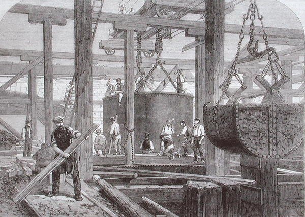 Ansicht der Bauarbeiten an der Blackfriars Bridge für die London, Chatham und Dover Railway, die das Versenken eines Zylinders für einen der runden Steinpfeiler zeigen von Mason Jackson