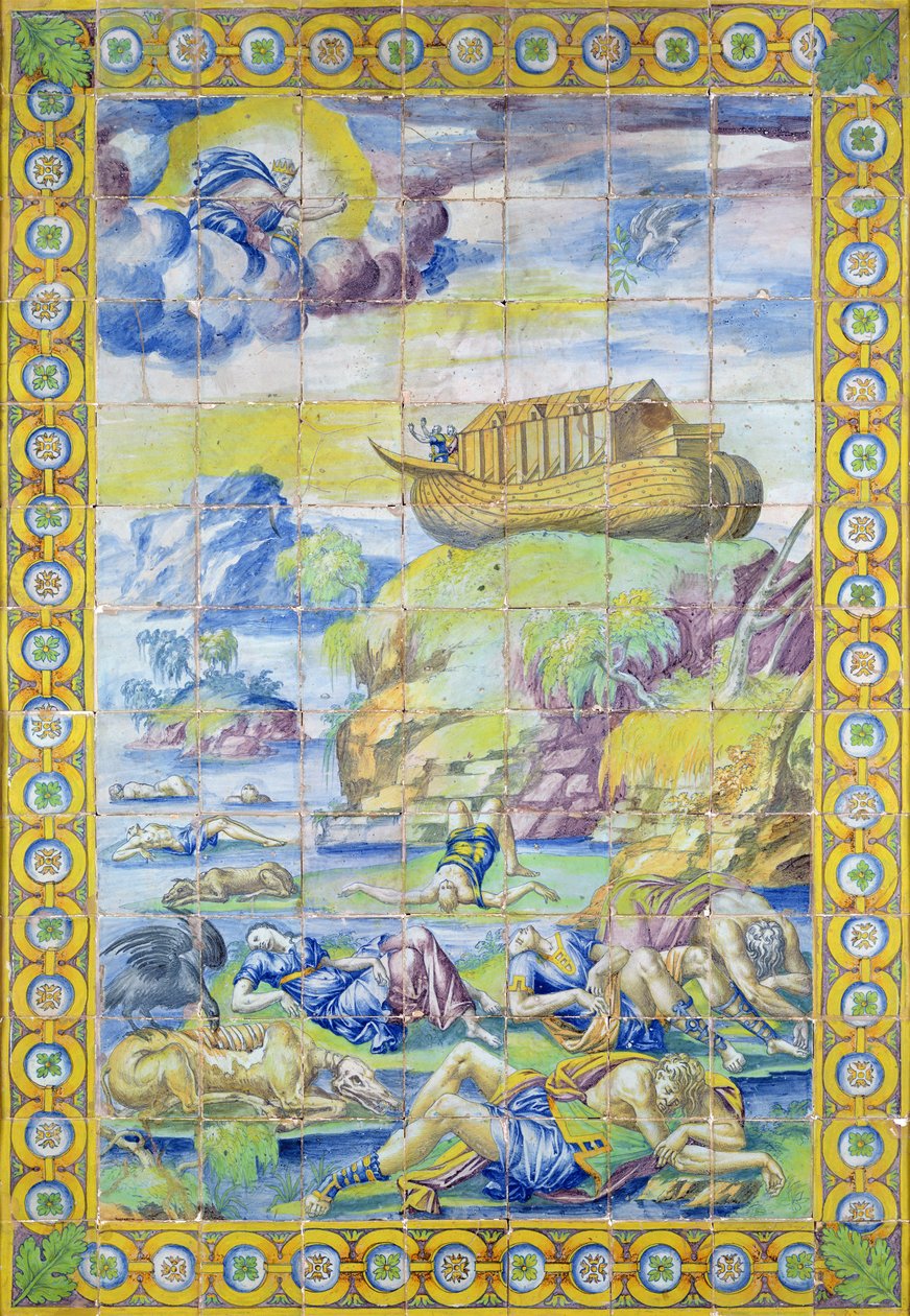 Fliese, die die Geschichte von Noah darstellt: Die Arche auf dem Berg Ararat nach der Flut, hergestellt in Rouen von Masseot Abaquesne