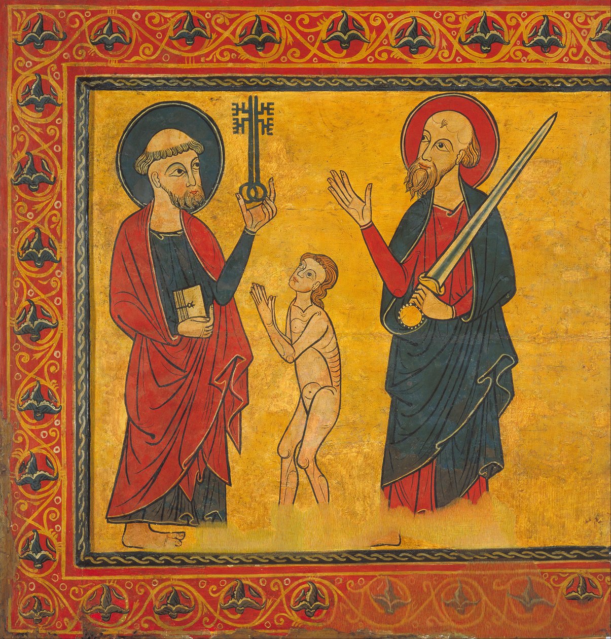 Bittende Seele zwischen Heiligen Petrus und Paulus von Master of Soriguerola