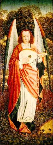 Die Jungfrau und das Kind mit Engeln, linkes Panel (Engelmusiker) von Master of the Embroidered Foliage