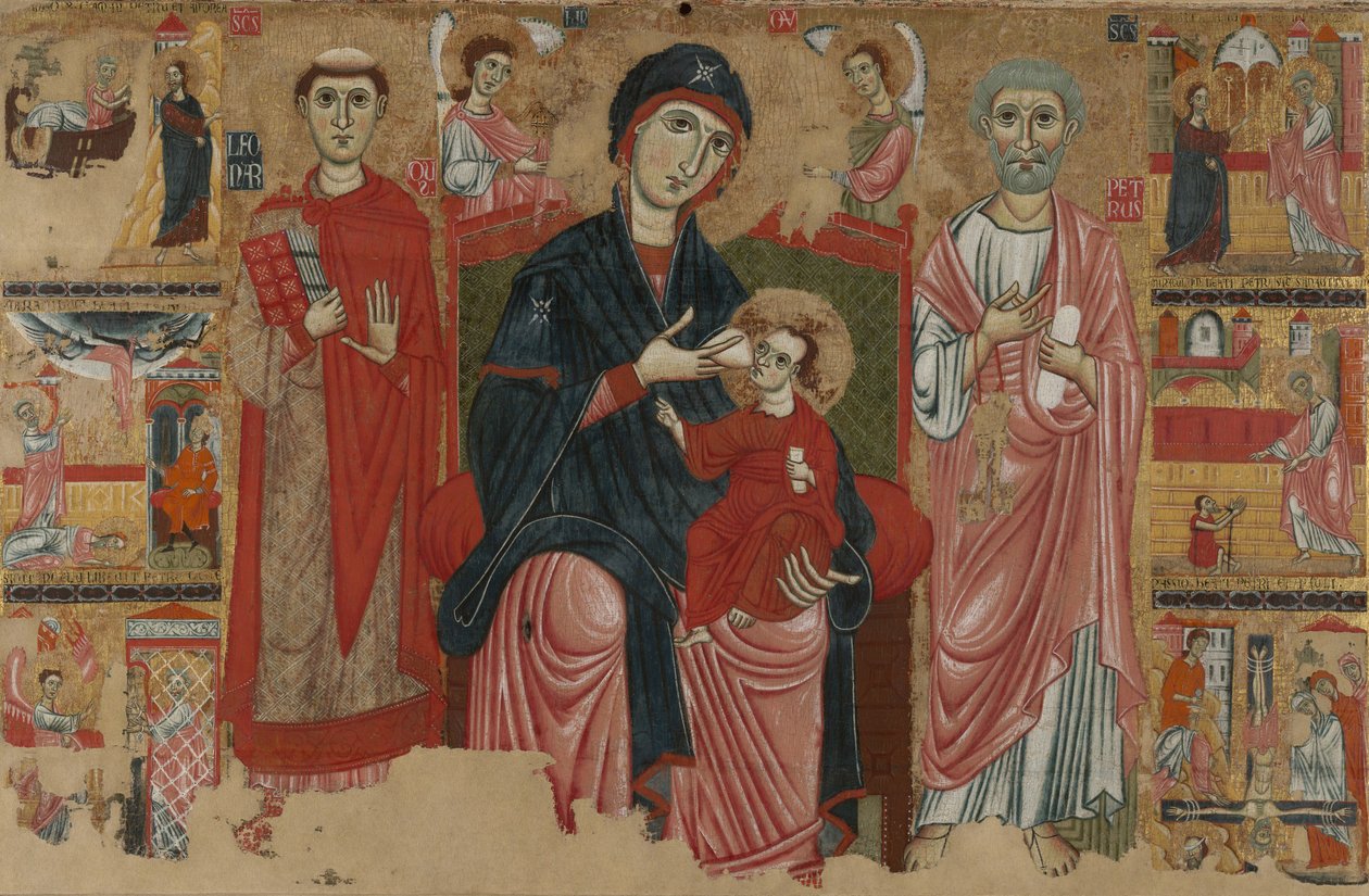 Jungfrau und Kind auf dem Thron mit den Heiligen Leonard und Peter und Szenen aus dem Leben des Heiligen Peter, ca. 1280 von Master of the Magdalen