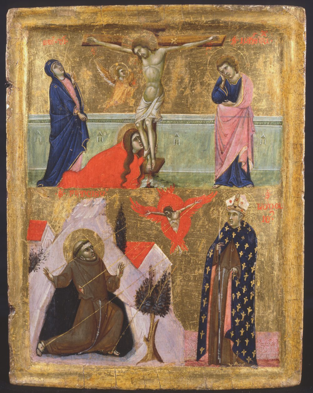 Kreuzigung und die Stigmata des hl. Franziskus von Assisi und des hl. Lodovico von Toulouse von Master of the Sterbini Diptych
