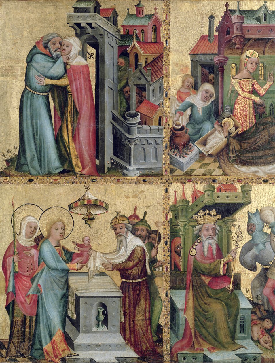 Treffen am Goldenen Tor und die Darstellung im Tempel, vom Buxtehude Altar, 1400-10 von Master Bertram of Minden