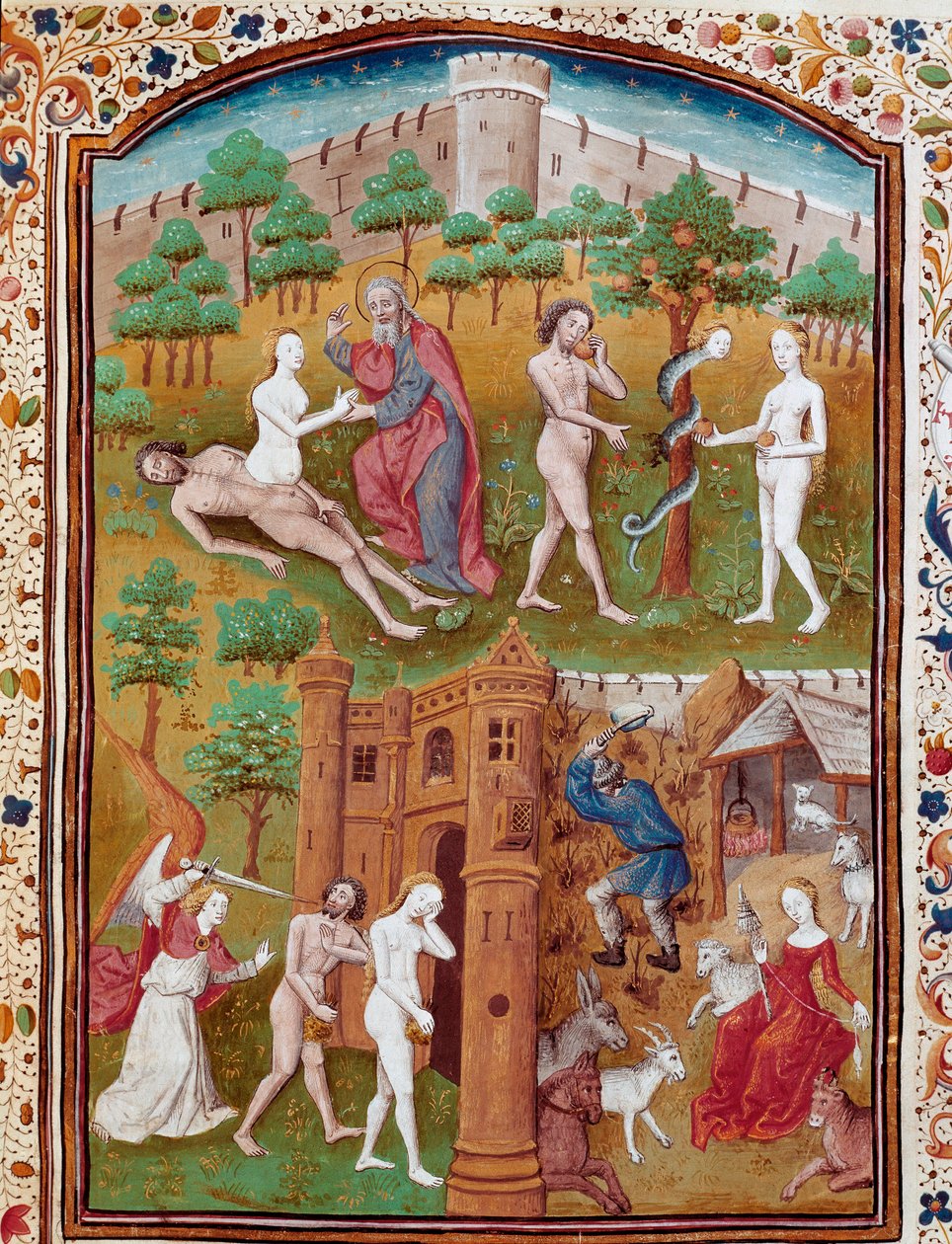 Geburt von Eva aus der Rippe Adams, Adam und Eva pflücken die verbotene Frucht und werden dann aus dem Paradies vertrieben. Miniatur aus „De casibus“ von Giovanni Boccaccio (1313-1375), italienischer Schriftsteller von Master Dunois