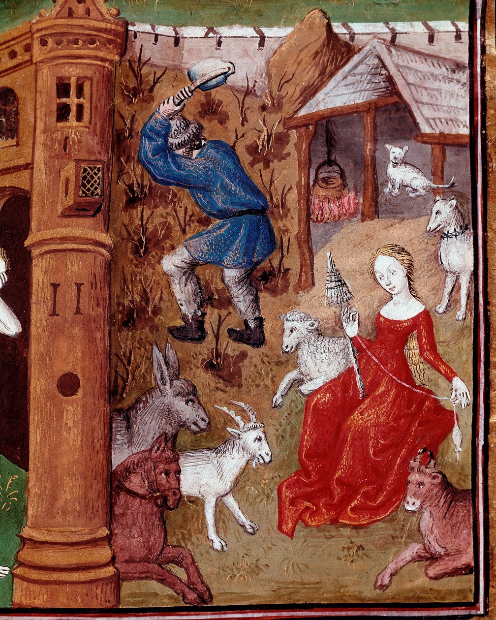 Darstellung von Adam, der die Erde bearbeitet, und Eva, die Wolle spinnt, nachdem sie aus dem Paradies vertrieben wurden. Miniatur aus „Des cas des nobles hommes et femmes infortunes“ (De casibus) von Giovanni Boccaccio, genannt Jean Boccace (1313-1375), I von Master Dunois