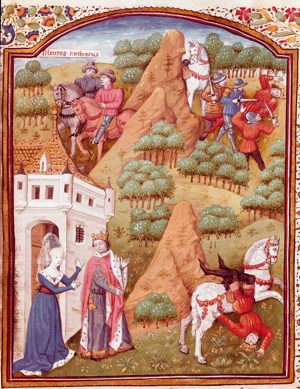 Seleukos I. Nikator und sein Vater Antiochos, König von Asien und Syrien. Einer der beiden Könige wird ermordet, Pferd fällt. Miniatur aus Fälle edler Männer und Frauen Unglücke (De casibus) von Giovanni Boccaccio von Master Dunois