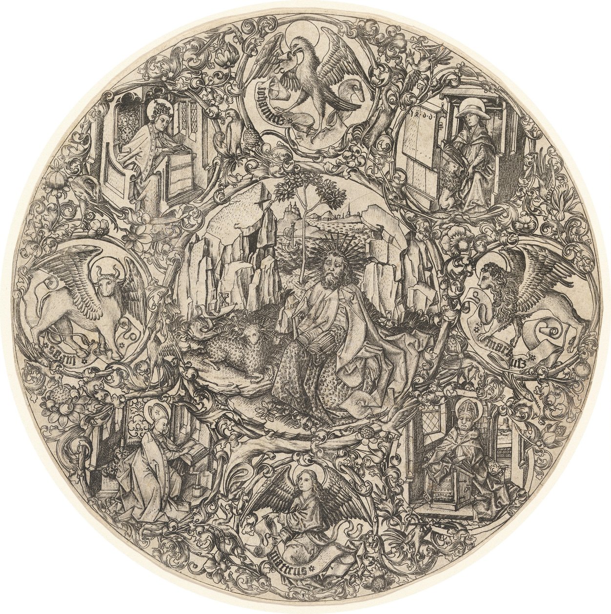 Johannes der Täufer in der Wüste mit dem Lamm Gottes, umgeben von den Symbolen der Evangelisten und den vier Kirchenvätern von Master E.S.
