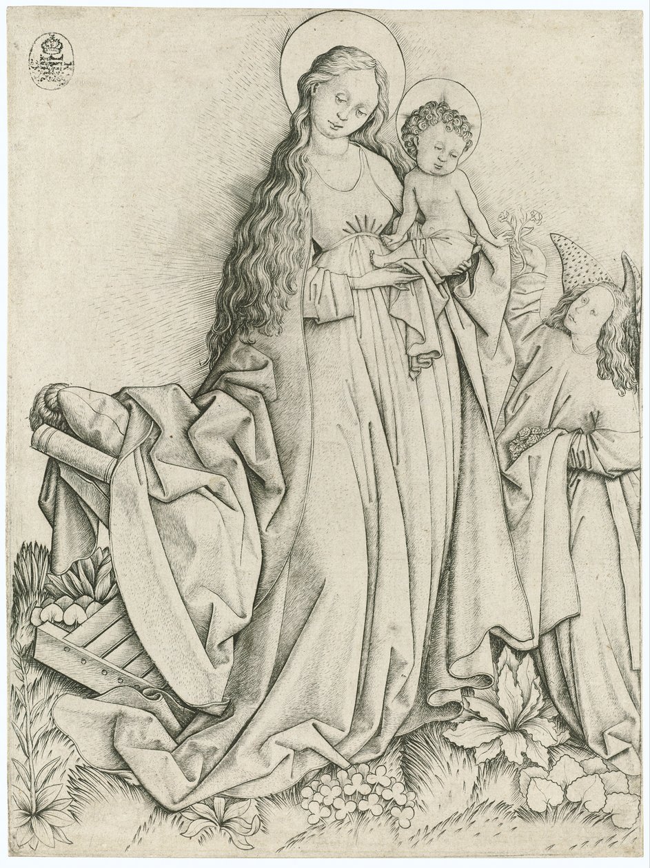 Madonna mit Engel, der Rosen gibt von Master E. S.