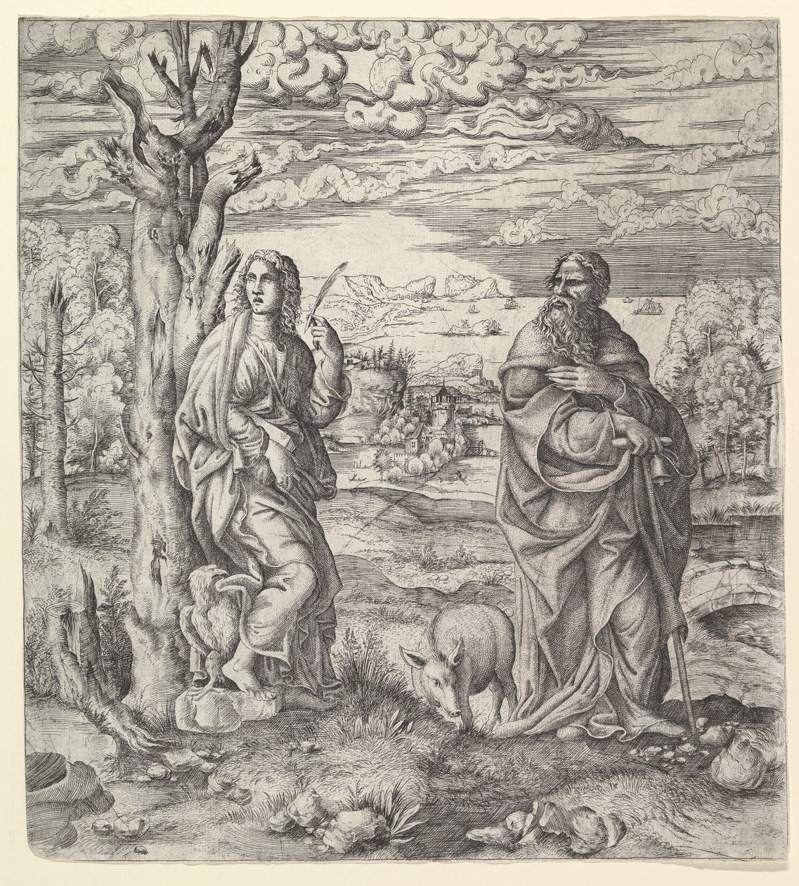 Heiliger Johannes und Antonius in einer Landschaft, ca. 1544-45 von Master IQV