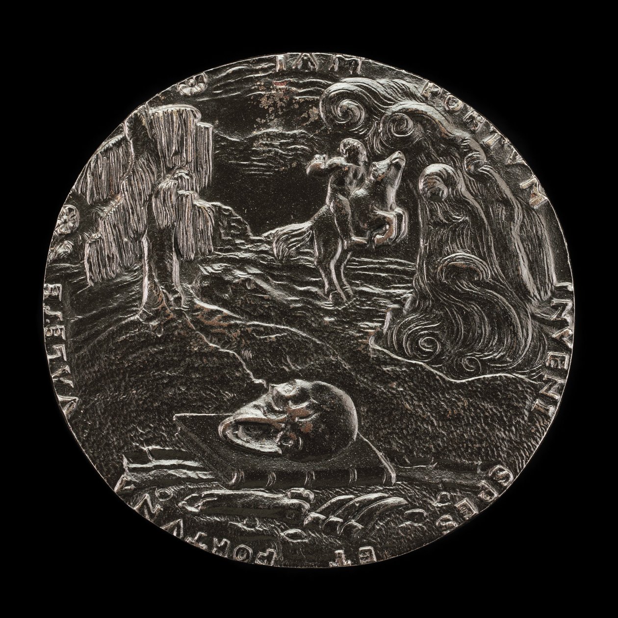Buch, Schädel, Knochen und Reiter in Landschaft [Rückseite], 1526 von Master M.P.