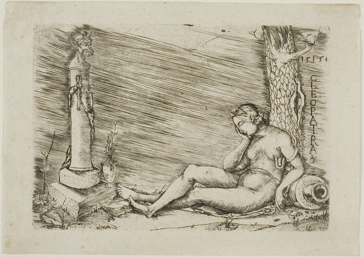 Kleopatra liegt am Fuße eines Baumes, mit einer Term von Master of 1515