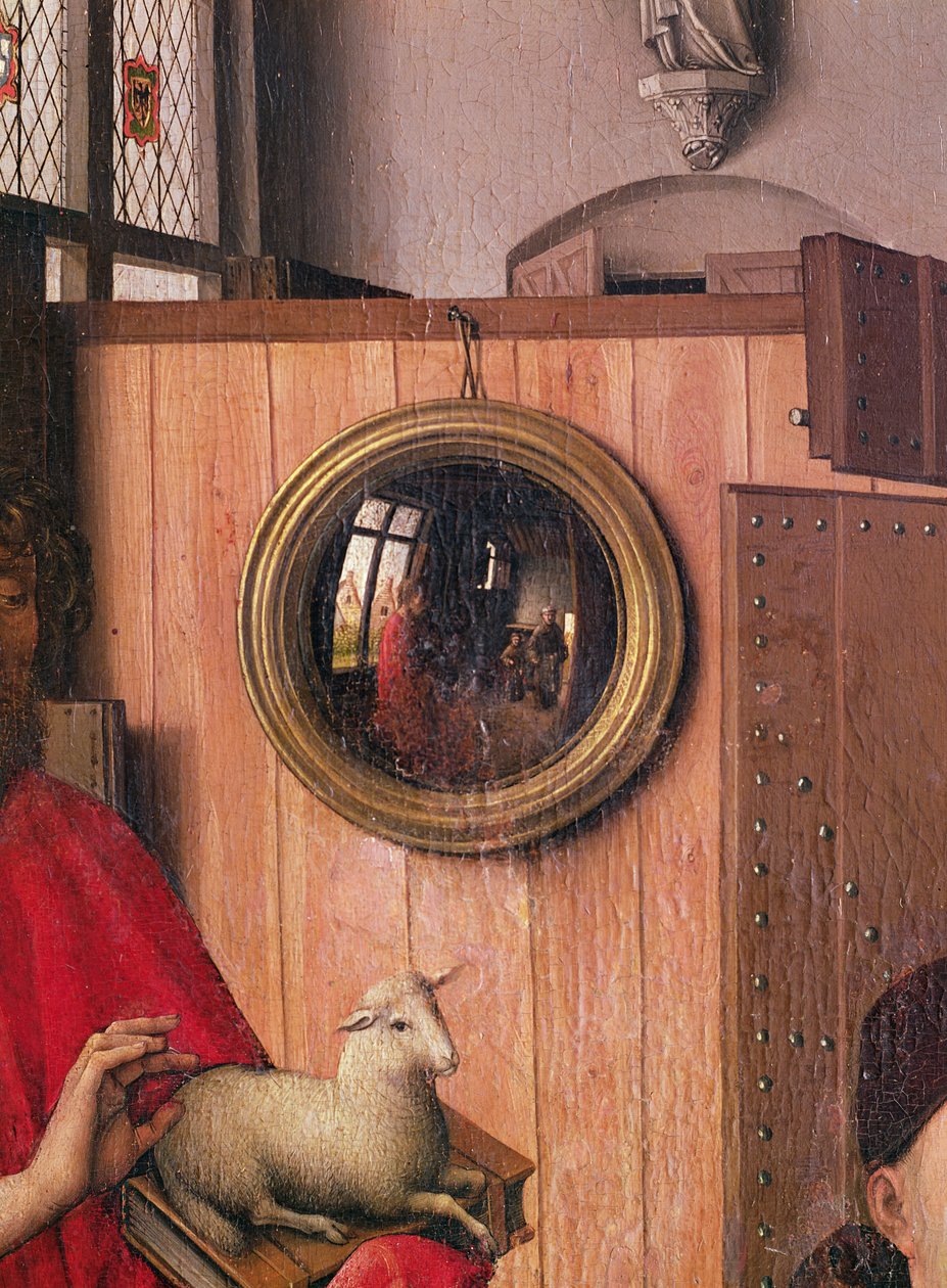 St. Johannes der Täufer und der Stifter, Heinrich von Werl, aus dem Werl-Altar, Detail des Spiegels, um 1438 von Master of Flémalle