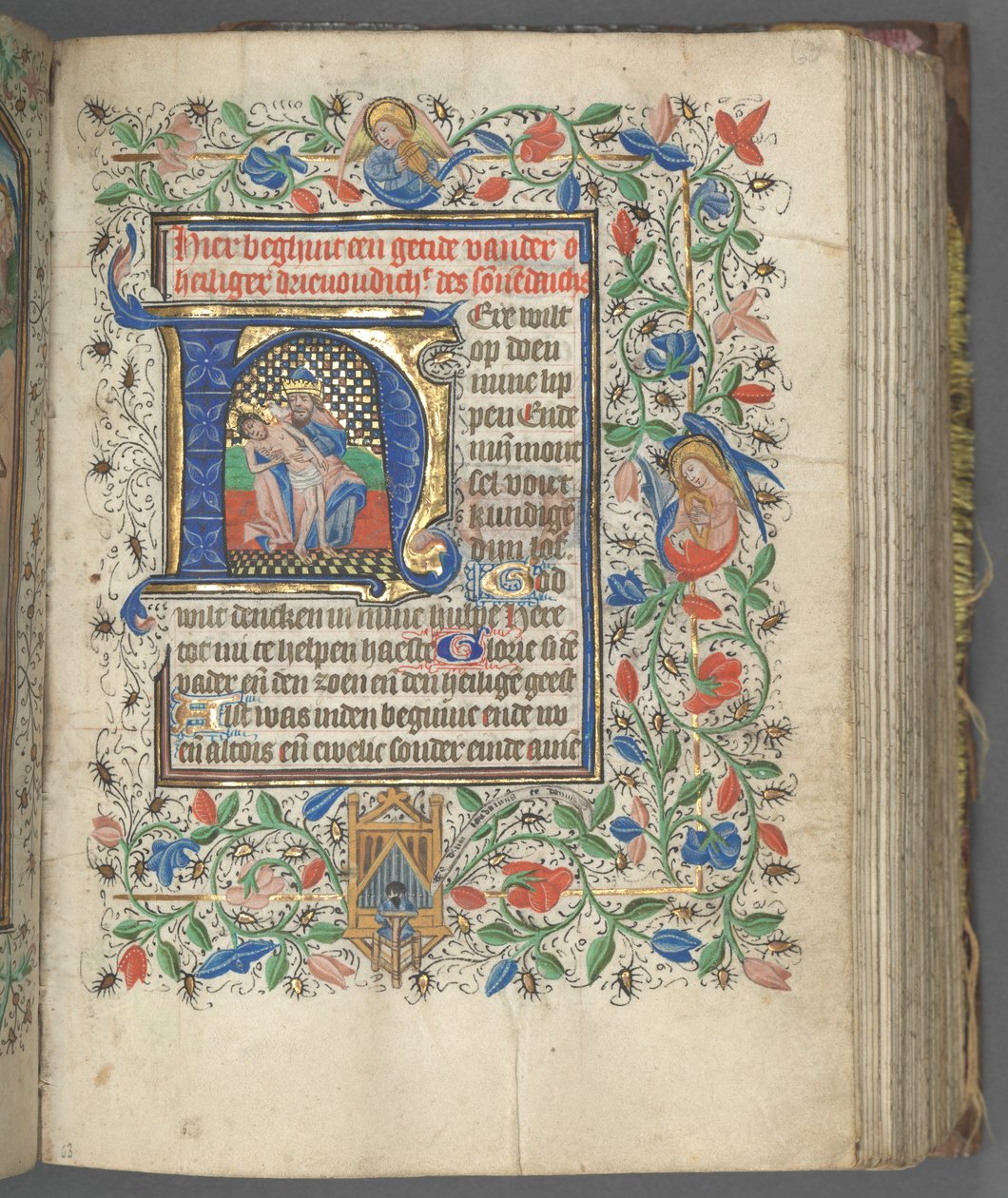 Stundenbuch Gebrauch von Utrecht: fol. 63r, Initiale mit Heiliger Dreifaltigkeit von Master of Gijsbrecht van Brederode
