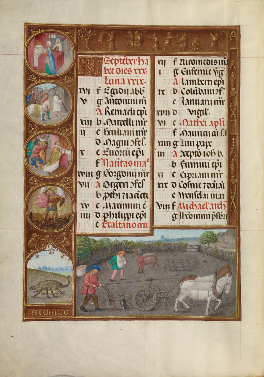 September Kalenderseite; Pflügen und Säen; Skorpion von Master of James IV of Scotland