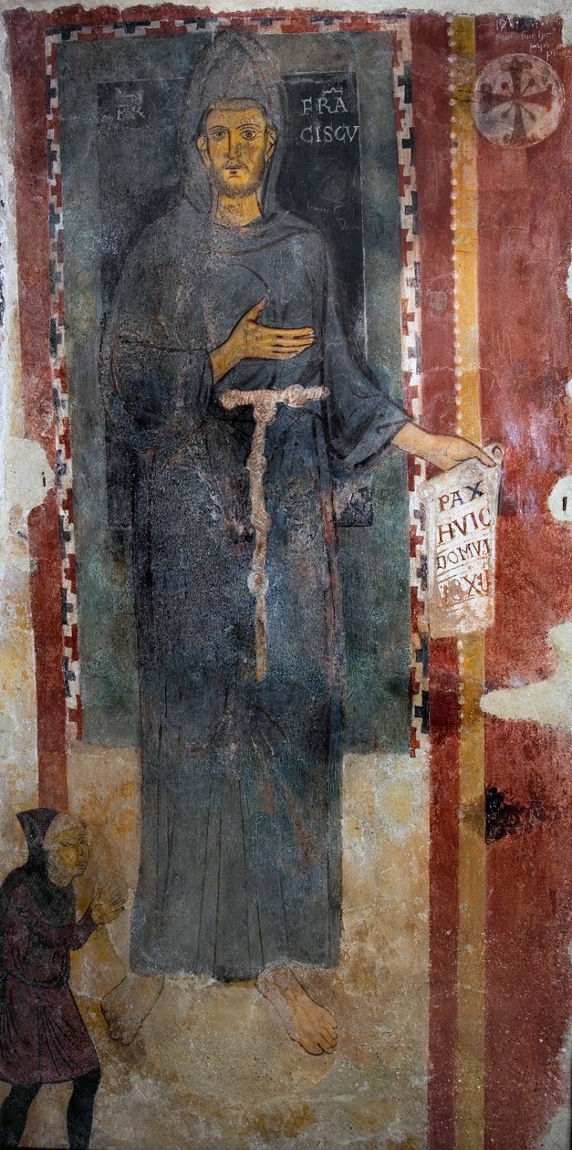 Darstellung des Heiligen Franz von Assisi. Sicherlich die erste Darstellung des Heiligen, ausgeführt zu Lebzeiten, ohne Stigmata und ohne Heiligenschein. Er hält ein Papier mit der Aufschrift "Pax huic Domui" (Friede diesem Haus) von Master of Saint Francis of Assisi