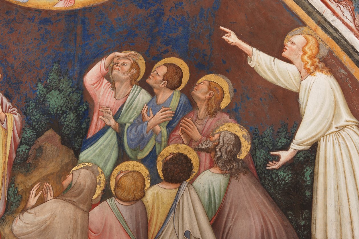 Die Himmelfahrt Christi (Detail mit männlichen Figuren und Heiligen, ca. 1420) von Master of Vignola