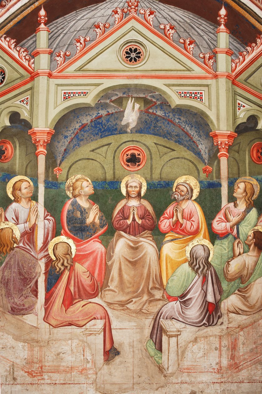 Pfingsten (Detail): betende Heilige und Jungfrau Maria, und die Taube von Master of Vignola