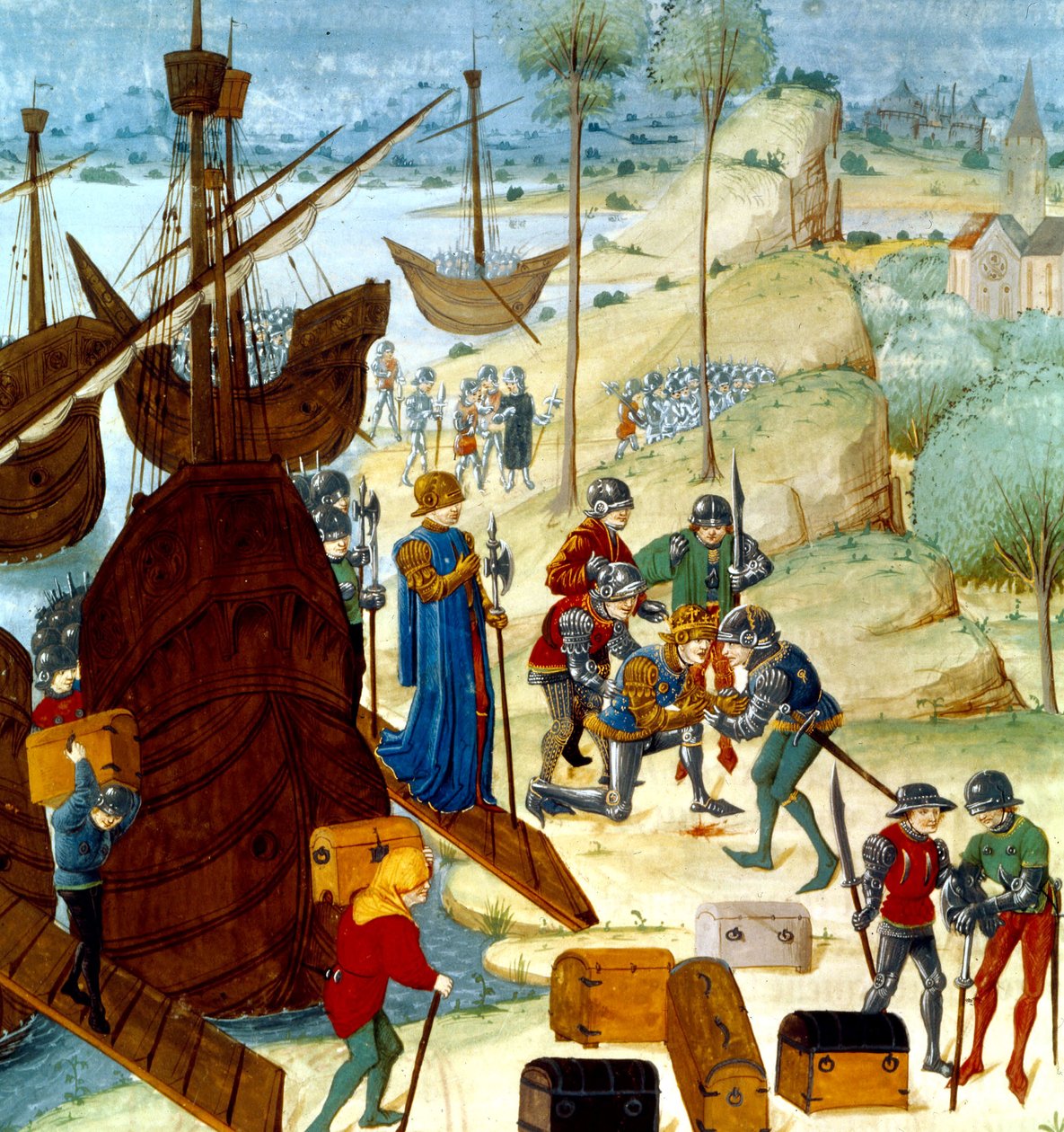 König Eduard III. kommt am 12. Juli 1346 in Saint Vaast La Hogue an, Illustration aus den Chroniques d