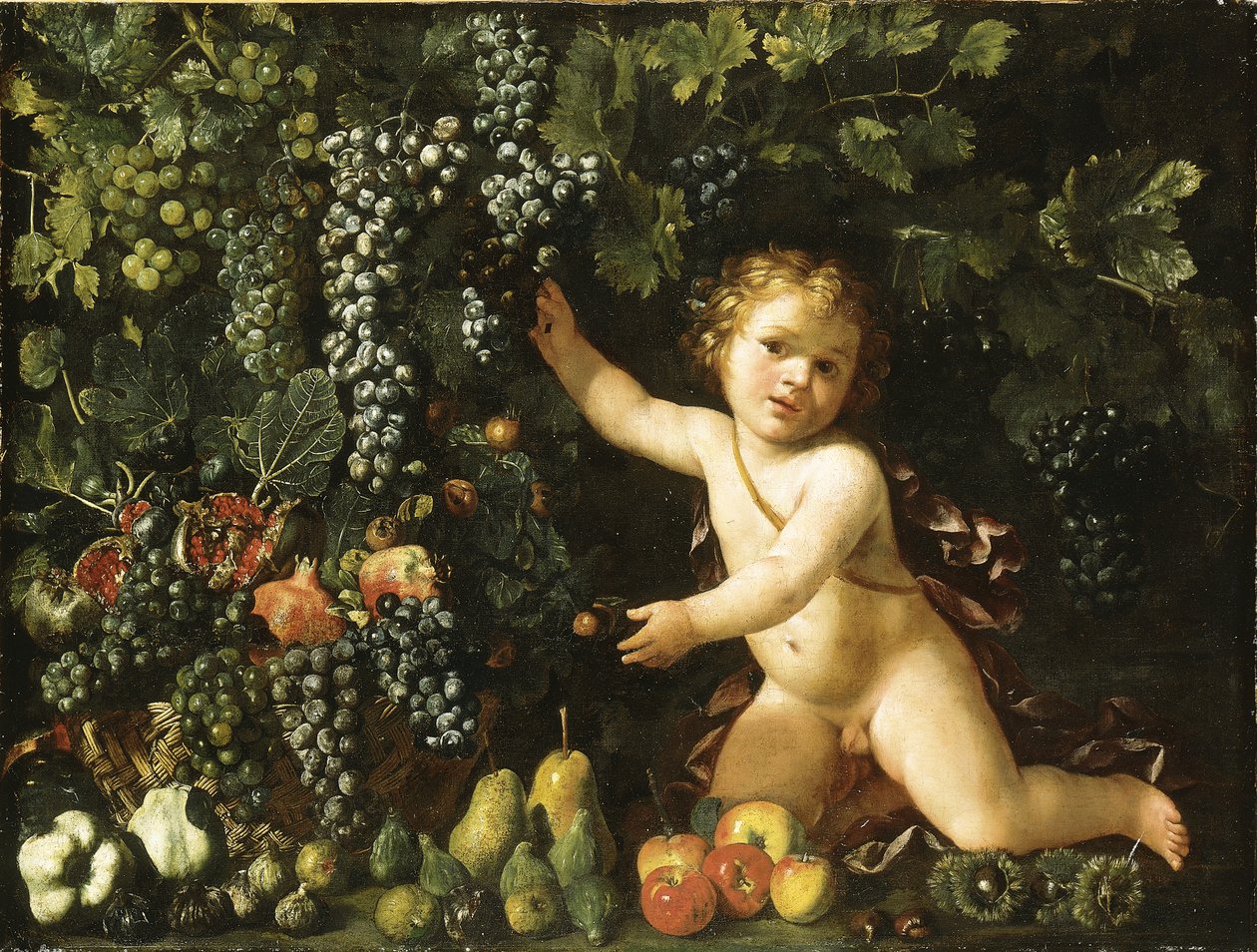 Trauben am Weinstock, Granatäpfel, Trauben und Hagebutten in einem Korb, mit Feigen, Äpfeln, Birnen und Kastanien bei einem Putto von Master of the Acquavella Still Life