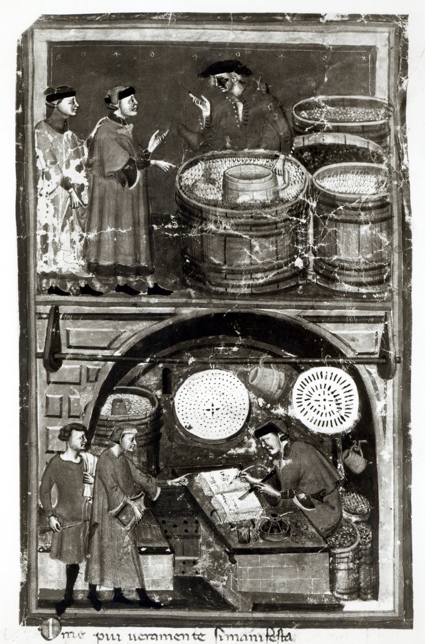 Ein Olivenhändler auf dem Markt und in seinem Laden von Master of the Biadaiolo Codex