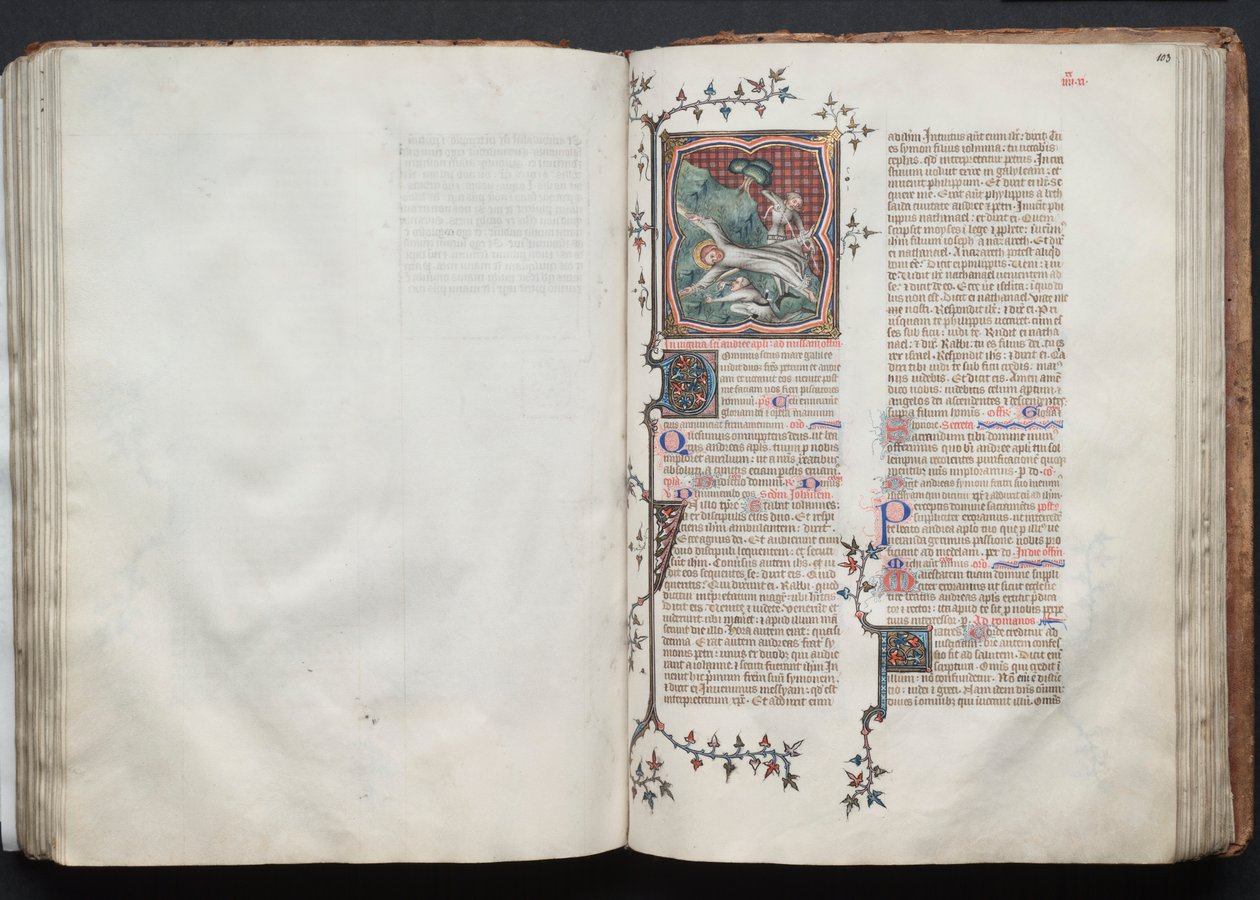 Das Gotha Missale: Fol. 103r, St. Andreas wird an das Kreuz gebunden, ca. 1375 von Master of the Boqueteaux